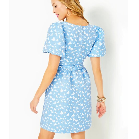 EUC Lilly Pulitzer Kasslyn Bon Bon Blue All Heart Jacquard brocade puff sleeve - Picture 3 of 13